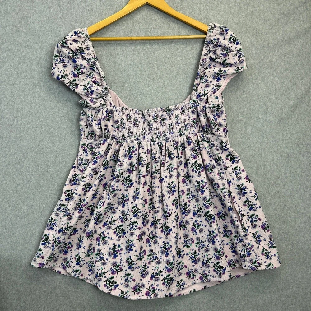 Free People Large Babydoll Top Pink Gaia Corduroy Floral Puff Sleeve Velvet Bow